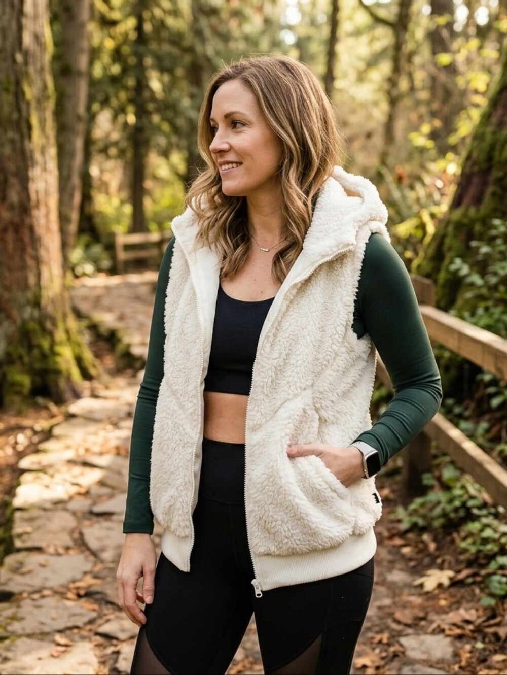 ZYIA Active Cream Teddy Fleece Hooded Vest
